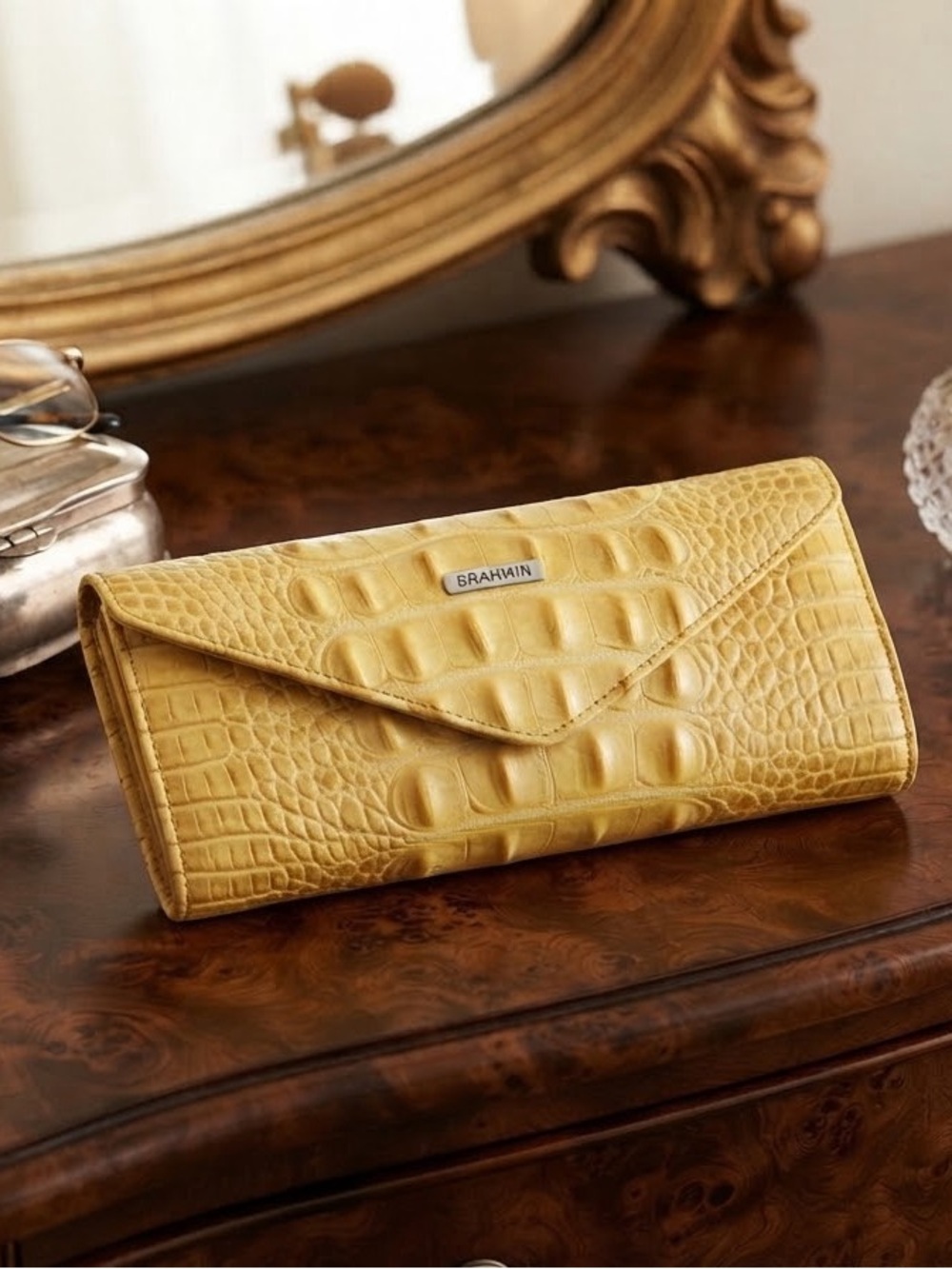 Brahmin Mustard Croc-Embossed Envelope Clutch
